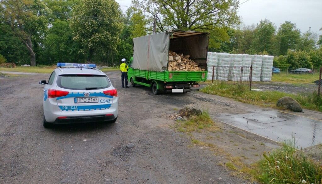 Policjanci kontrolują zielonego dostawczaka, załadowanego drewnem
